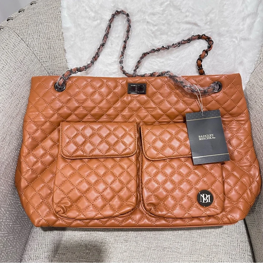 Badgley Mischka Diana Quilted Faux Leather Travel Tote Chain Shoulder Bag purse
